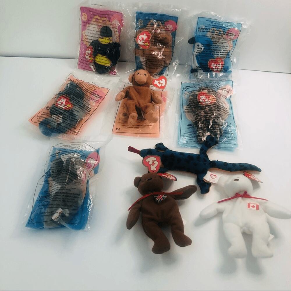 McDonald's vintage 1990's ty beanie babies lot of 10 animals bee iguana squirrel